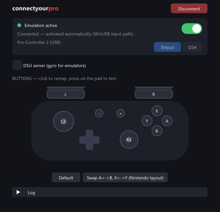 connectyourpro dashboard — live controller test view with button remapping on a pad schematic