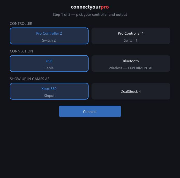 connectyourpro setup screen — pick Pro Controller 2 or 1, USB or Bluetooth, XInput or DualShock 4 output